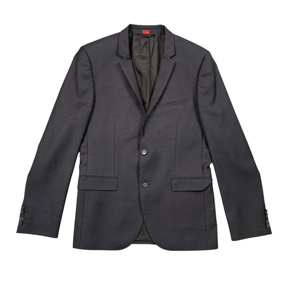 Hugo‎ Boss Blazer Mens 38R Navy Black Virgin Wool Notch 2 Button Single Breasted